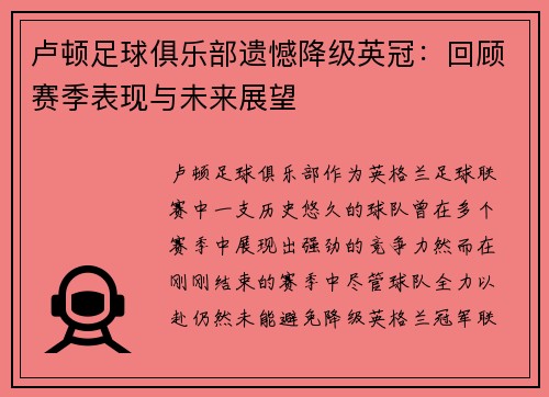 卢顿足球俱乐部遗憾降级英冠：回顾赛季表现与未来展望