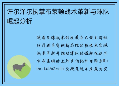 许尔泽尔执掌布莱顿战术革新与球队崛起分析 许尔泽尔执掌布莱顿战术革新与球队崛起分析